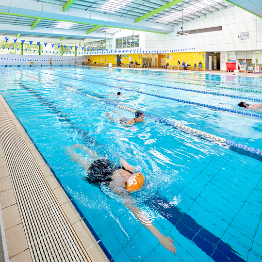  Photo of a person doing freestyle laps towards the camera in an indoor pool wearing an orange swim cap